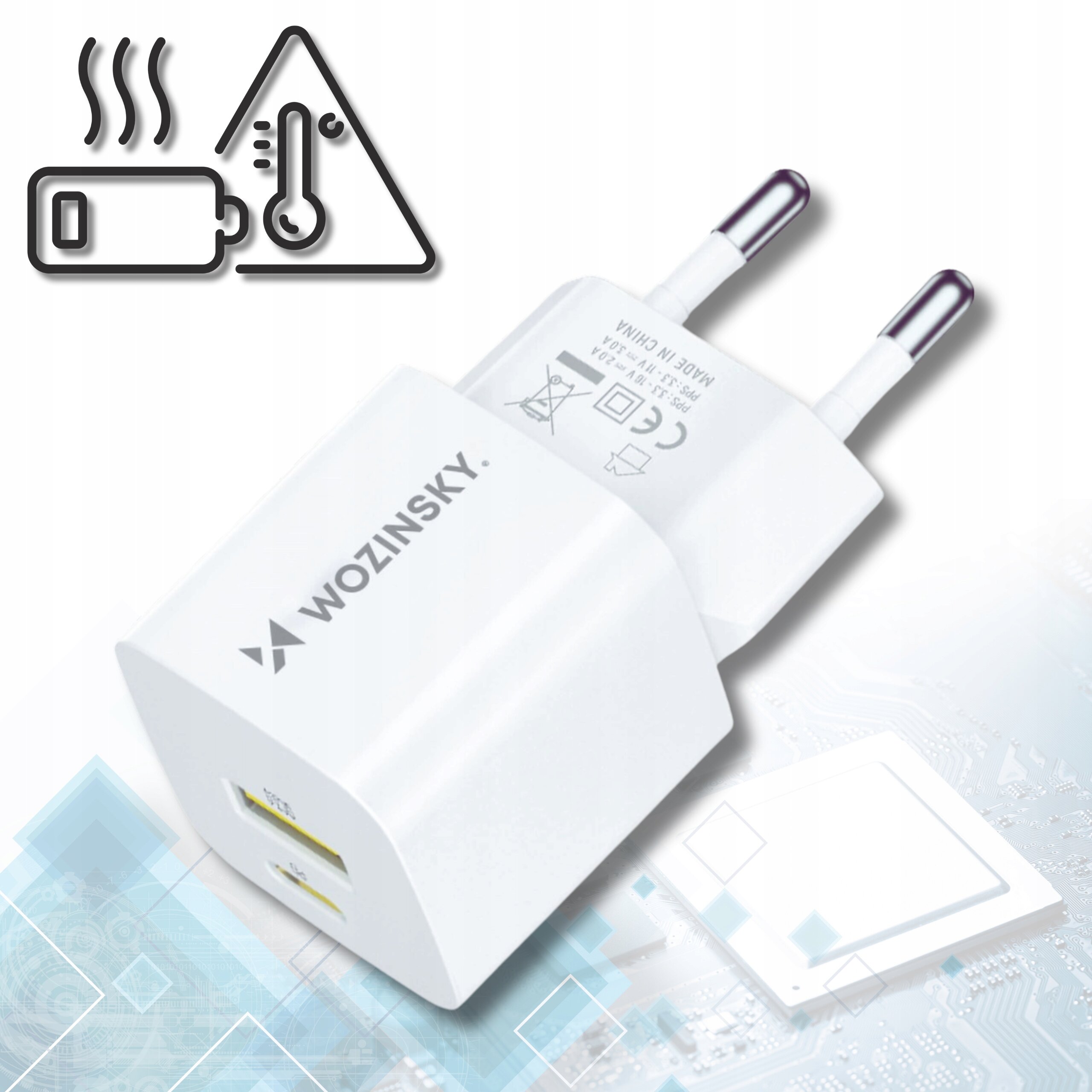 Biała ładowarka sieciowa z dwoma portami USB-A i USB-C, oznaczona logo \'WOZINSKY\'. Obok znajduje się ikona ostrzegawcza z symbolem termometru i baterii.