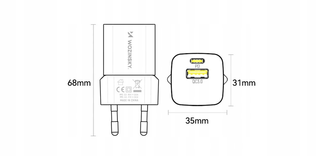 Schemat ładowarki sieciowej z oznaczeniami wymiarów: 68mm wysokości, 35mm szerokości i 31mm głębokości. Widoczne są dwa porty: USB-C oznaczony \'PD\' i USB-A oznaczony \'QC3.0\', oraz logo \'WOZINSKY\'.