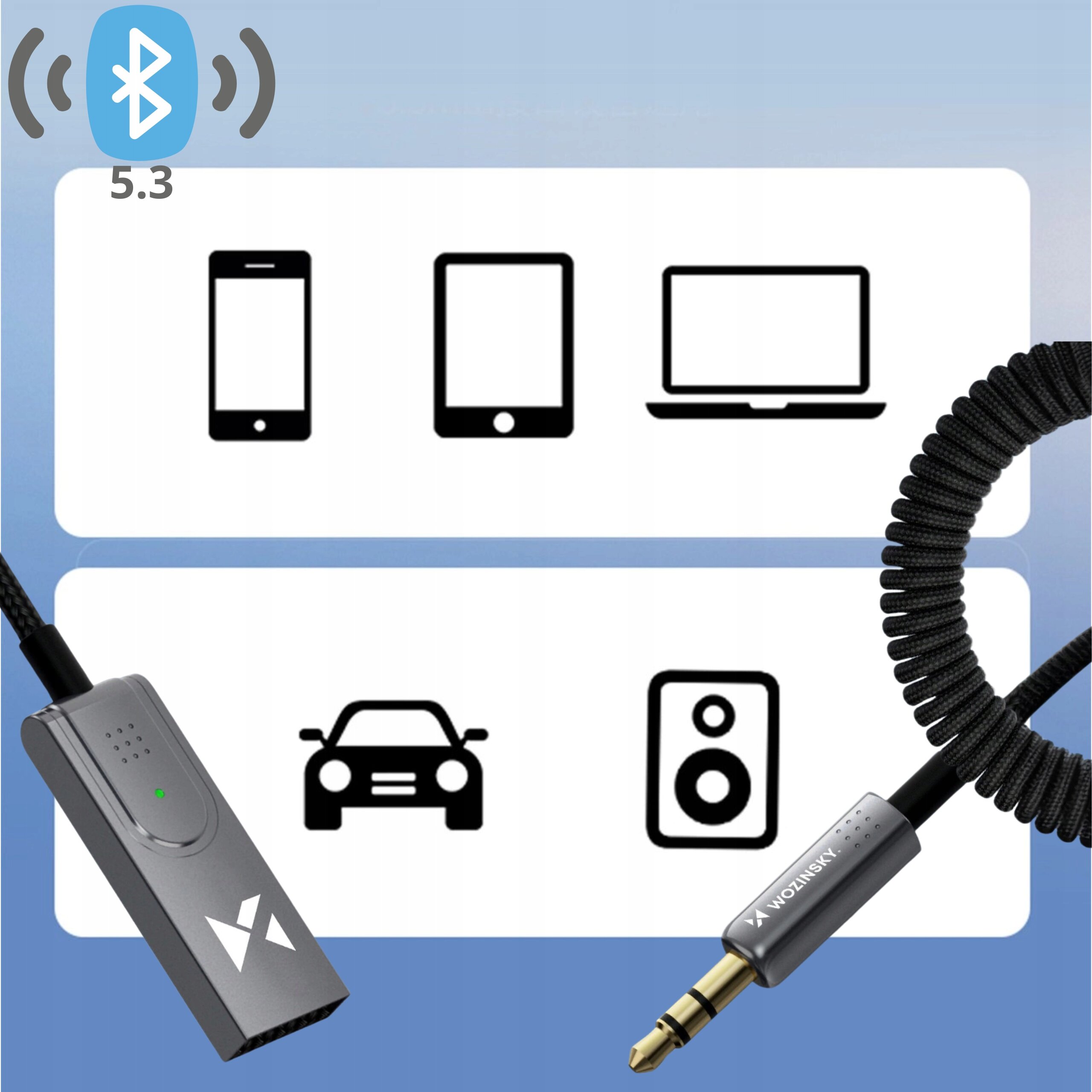 Obraz przedstawia transmiter Bluetooth z logo Bluetooth 5.3 oraz symbole urządzeń takich jak telefon, tablet, laptop, samochód i głośnik. Na kablu widoczne jest logo \'Wozinsky\'.