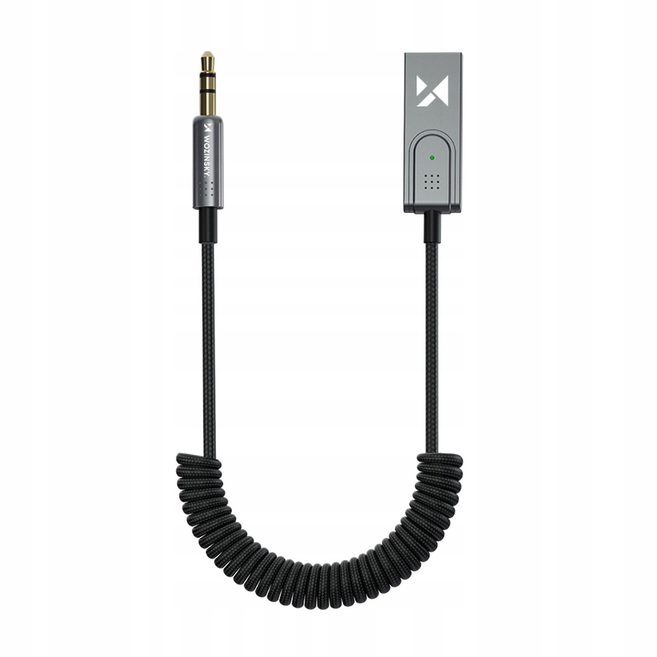 Na obrazie widoczny jest czarny, spiralny kabel z wtykiem jack 3,5 mm oraz prostokątnym modułem z logo i wskaźnikiem LED. Na wtyku widnieje napis \'WOFANSKY\'.