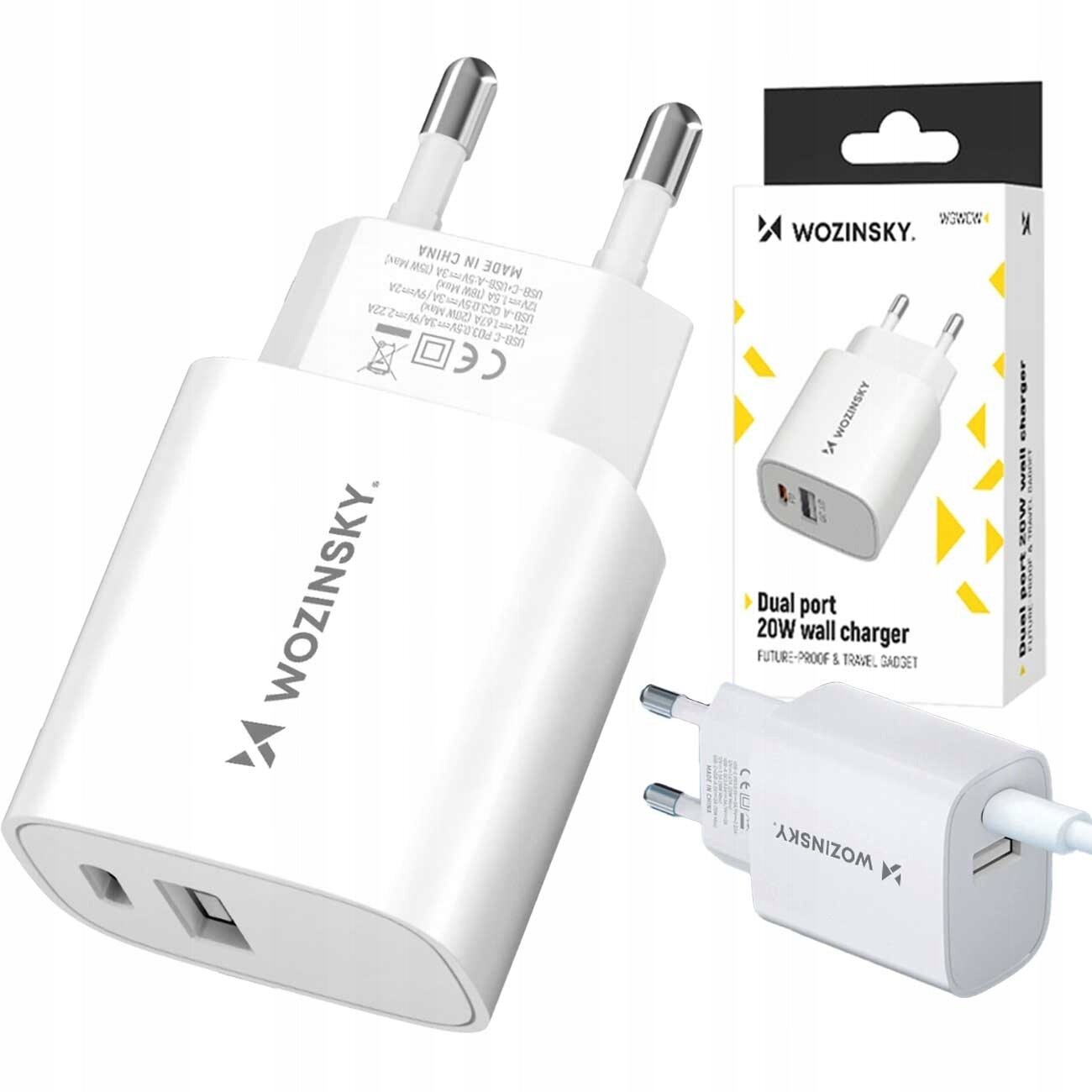 Na obrazie widoczna jest biała ładowarka sieciowa z dwoma portami USB, oznaczona logo \'WOZINSKY\'. Obok znajduje się opakowanie z napisem \'Dual port 20W wall charger\'.