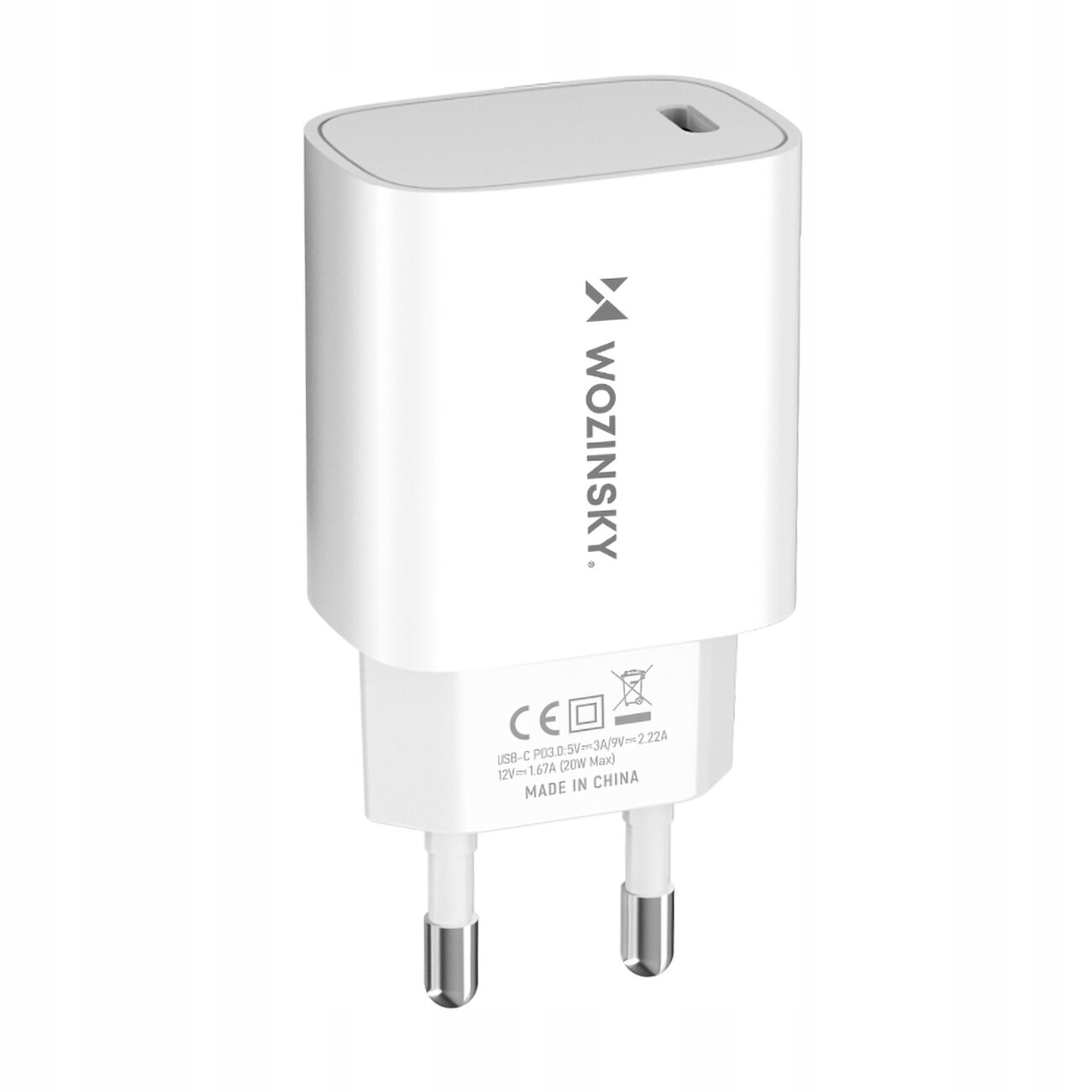 Biała ładowarka sieciowa z logo \'WOZINSKY\' i jednym portem USB-C. Na obudowie widoczne są oznaczenia techniczne oraz napis \'MADE IN CHINA\'.