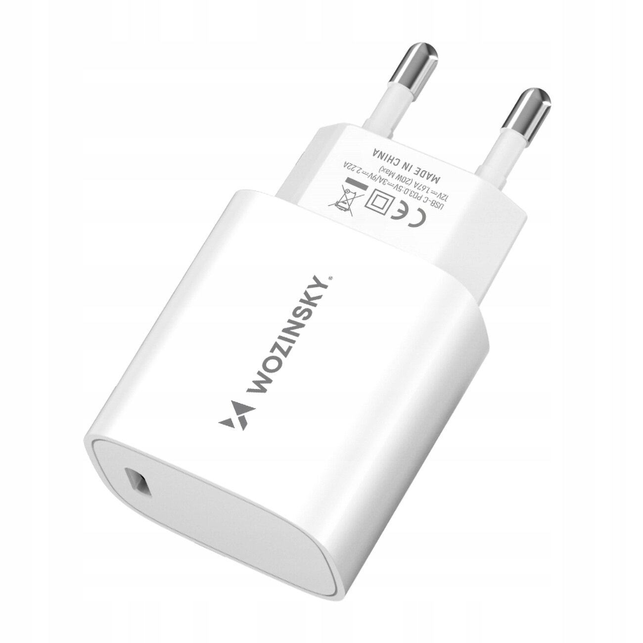 Biała ładowarka sieciowa z logo \'WOZINSKY\' i wtyczką USB-C. Na obudowie widoczny jest tekst \'MADE IN CHINA\' oraz symbole certyfikacyjne.
