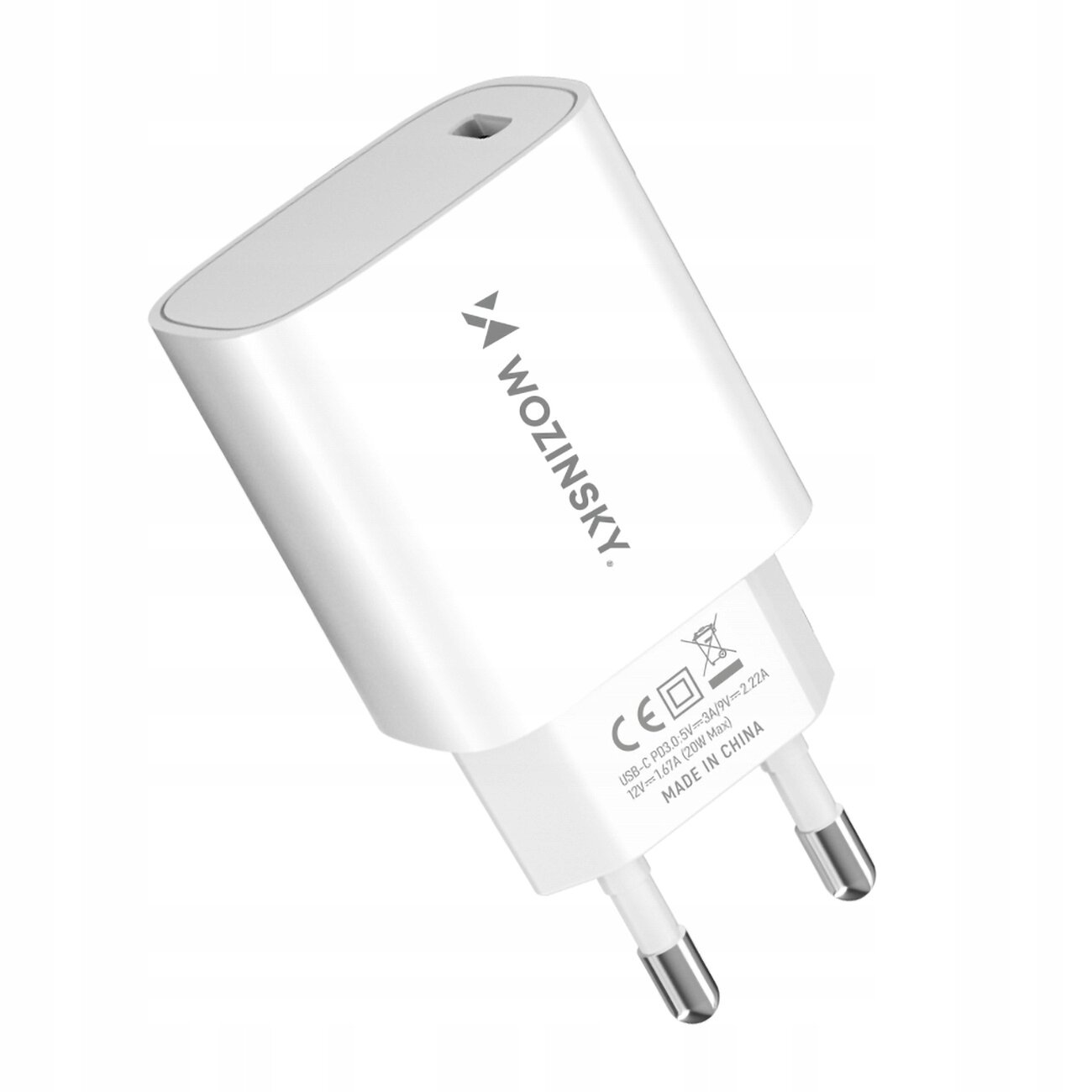 Biała ładowarka sieciowa z logo \'WOZINSKY\' i wtyczką USB-C. Na obudowie widoczne są oznaczenia CE oraz napis \'MADE IN CHINA\'.