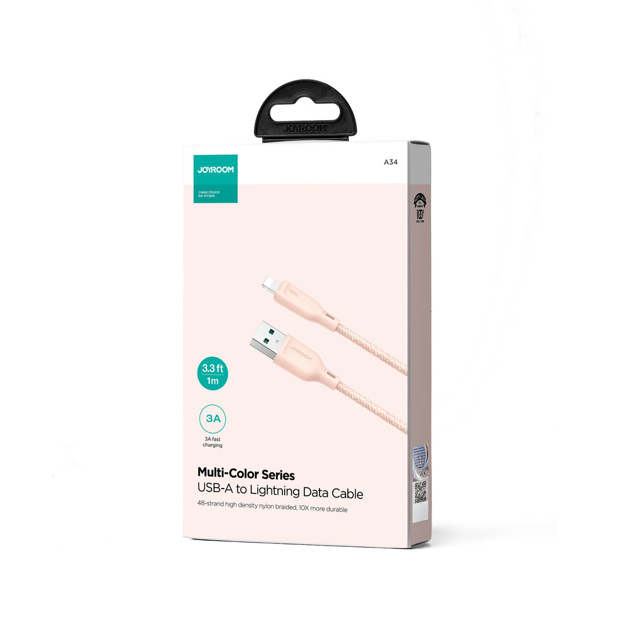 Opakowanie kabla USB-A do Lightning marki Joyroom, oznaczone jako Multi-Color Series, o długości 1m i prądzie 3A. Na opakowaniu widoczny jest obraz kabla oraz informacje o jego wytrzymałości i szybkim ładowaniu.