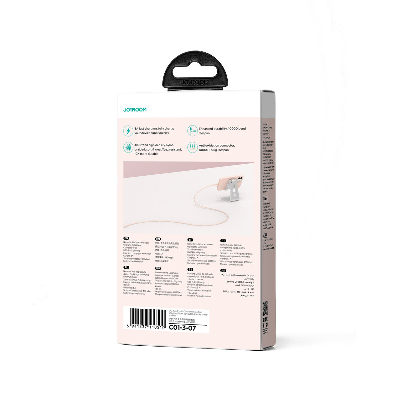 Opakowanie produktu Joyroom z kablem USB-A/Lightning, z grafiką przedstawiającą kabel podłączony do telefonu na stojaku. Widoczne są ikony i teksty opisujące cechy produktu, takie jak szybkie ładowanie i trwałość kabla.