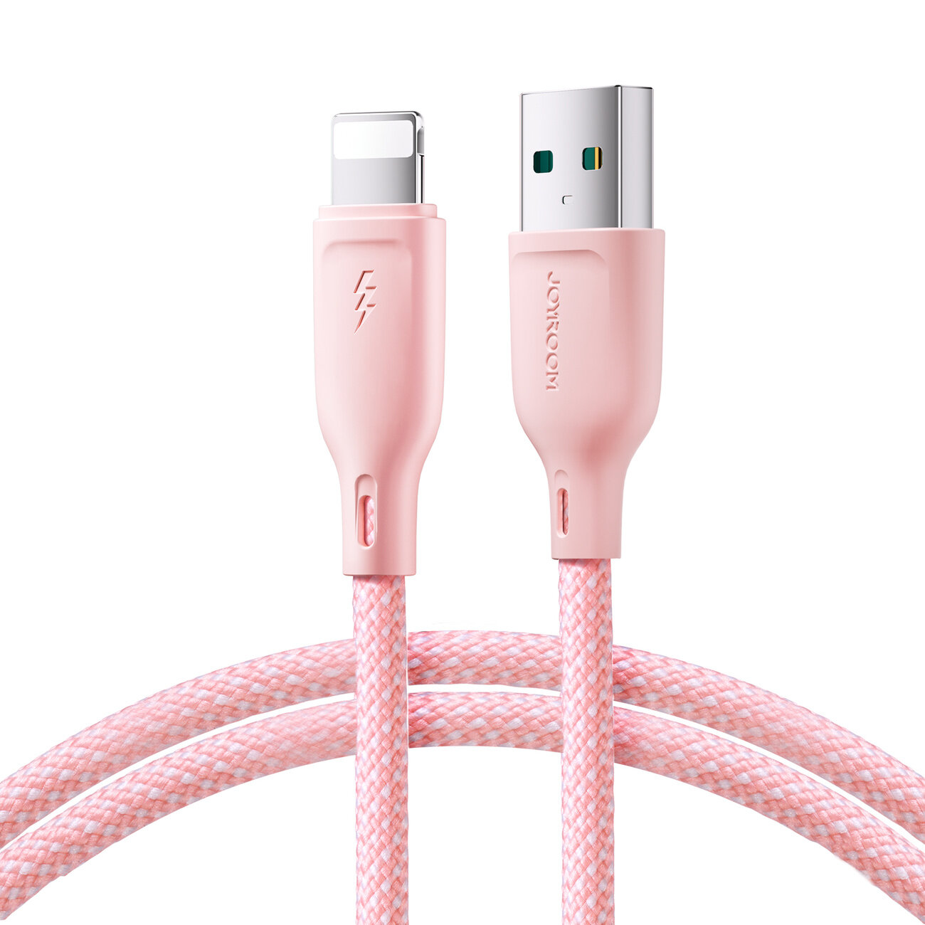 Różowy kabel USB-A/Lightning z plecionym oplotem, z widocznym logo \'JOYROOM\' na wtyczce USB-A oraz symbolem błyskawicy na wtyczce Lightning.