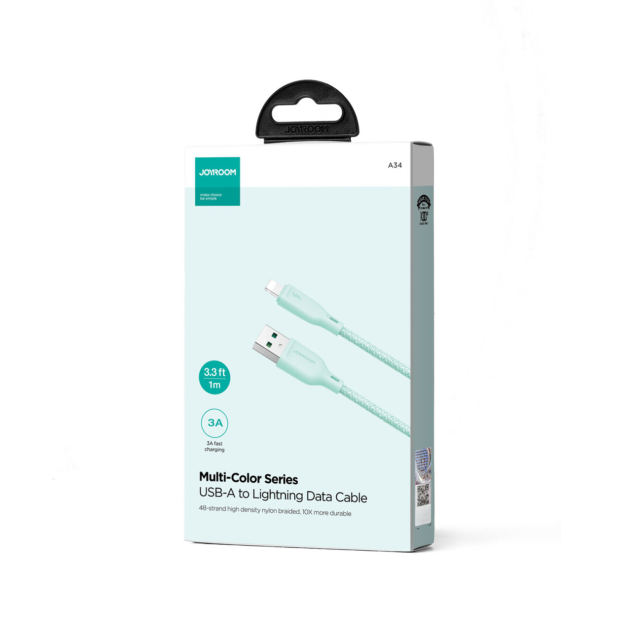 Opakowanie kabla USB-A do Lightning marki Joyroom, oznaczone jako Multi-Color Series. Na opakowaniu widnieje napis: \'3.3 ft 1m\', \'3A fast charging\', \'USB-A to Lightning Data Cable\'.