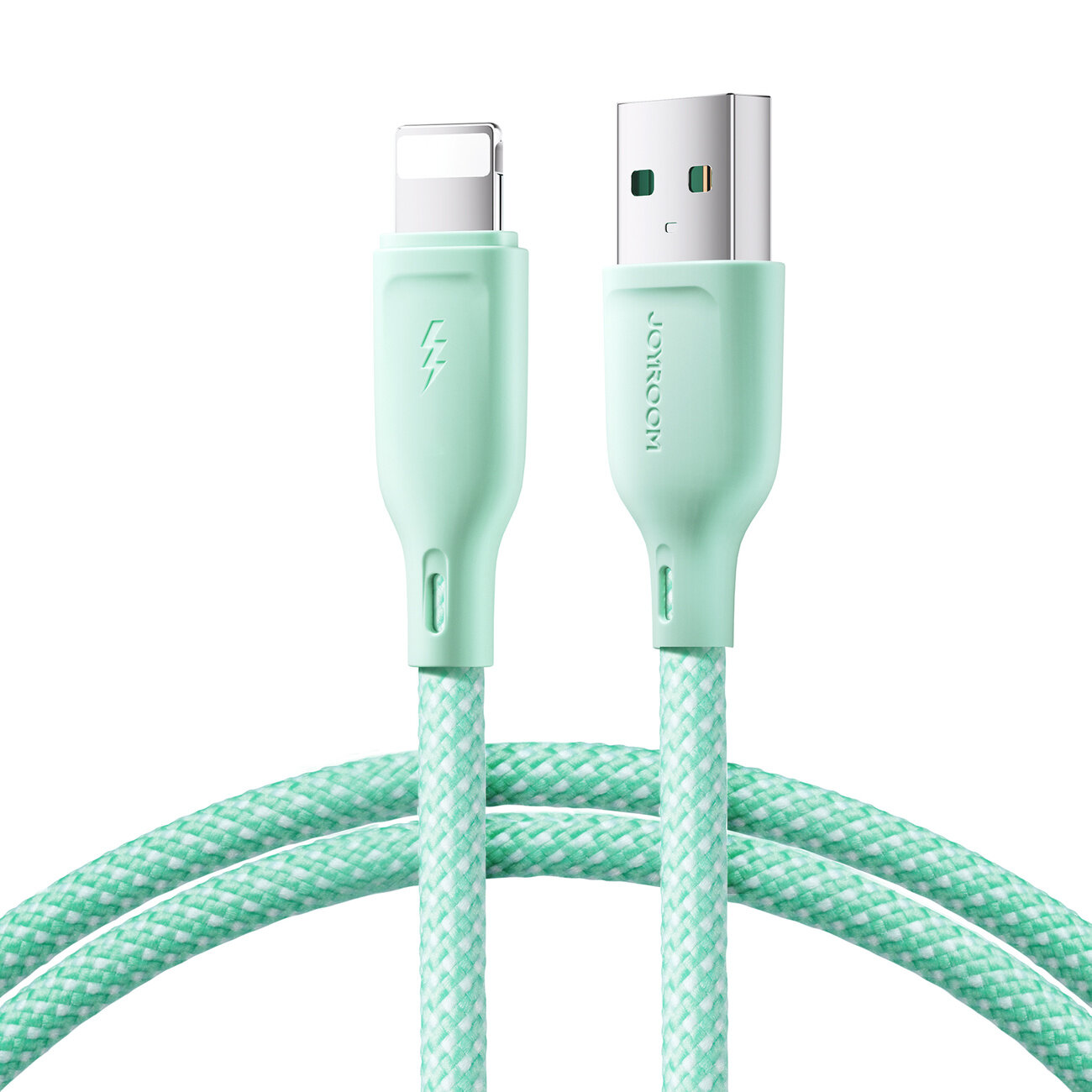 Obraz przedstawia miętowy kabel USB-A/Lightning z plecionym oplotem. Na wtyczce USB widnieje napis \'JOYROOM\'.