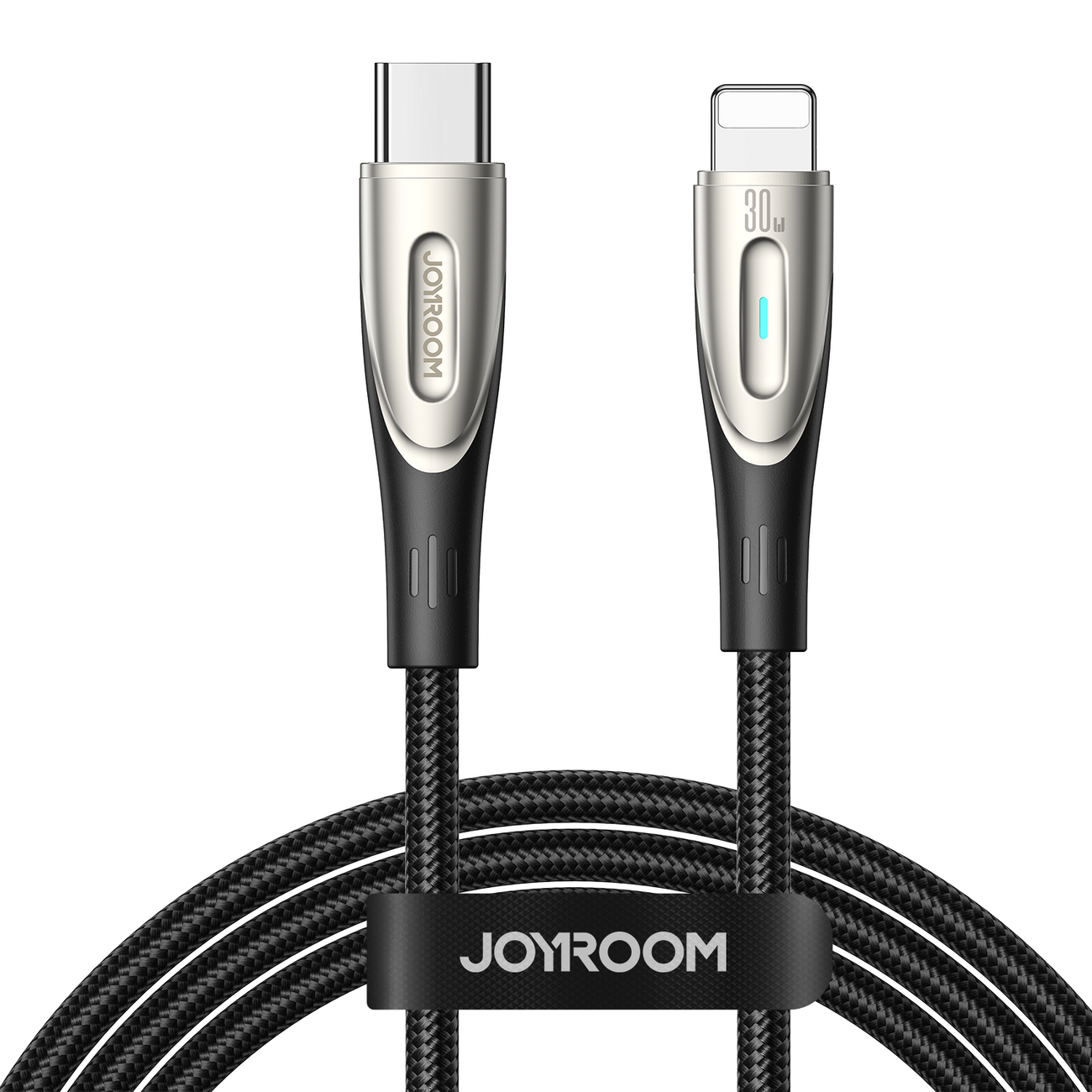 Obraz przedstawia czarny kabel z dwoma różnymi końcówkami: USB-C i Lightning. Na kablu widoczne jest logo \'JOYROOM\' oraz oznaczenie \'30W\'.