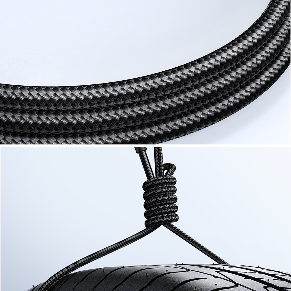 Obraz przedstawia pleciony kabel w kolorze czarnym, który jest owinięty wokół opony. Kabel ma wyraźną teksturę i wygląda na wytrzymały.