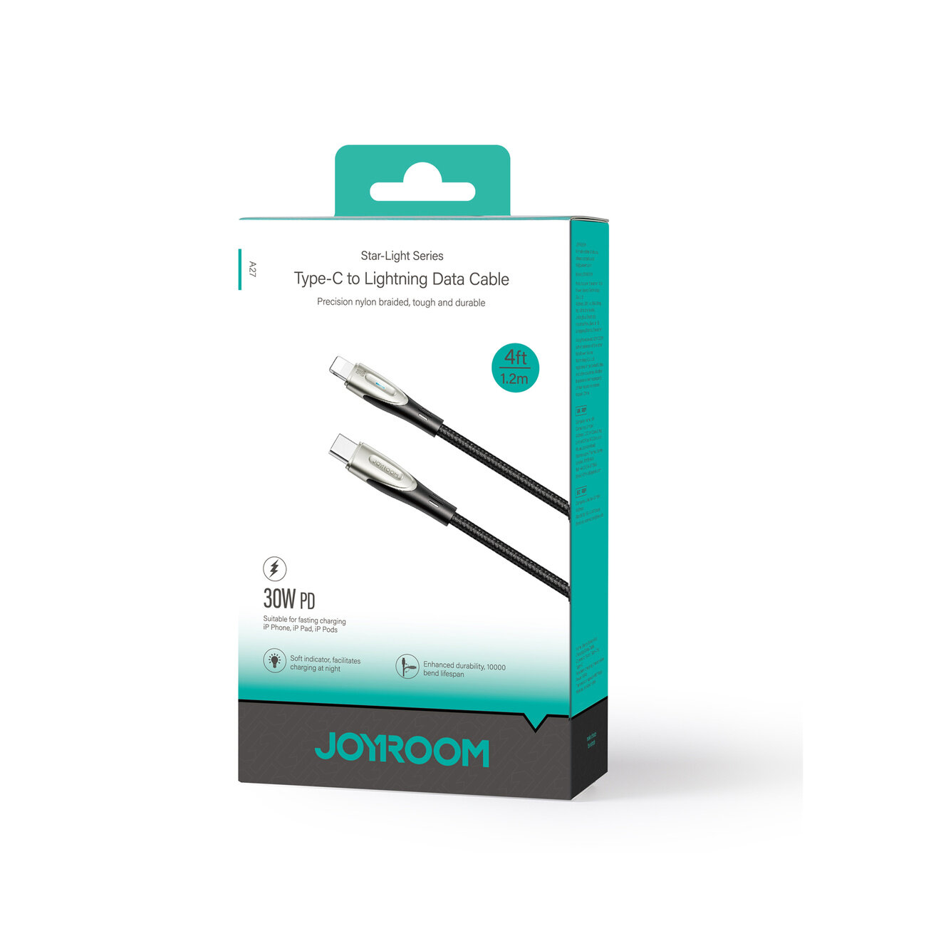 Opakowanie kabla Type-C to Lightning Data Cable o długości 1.2m, z oznaczeniem 30W PD. Widoczne logo: JOYROOM.