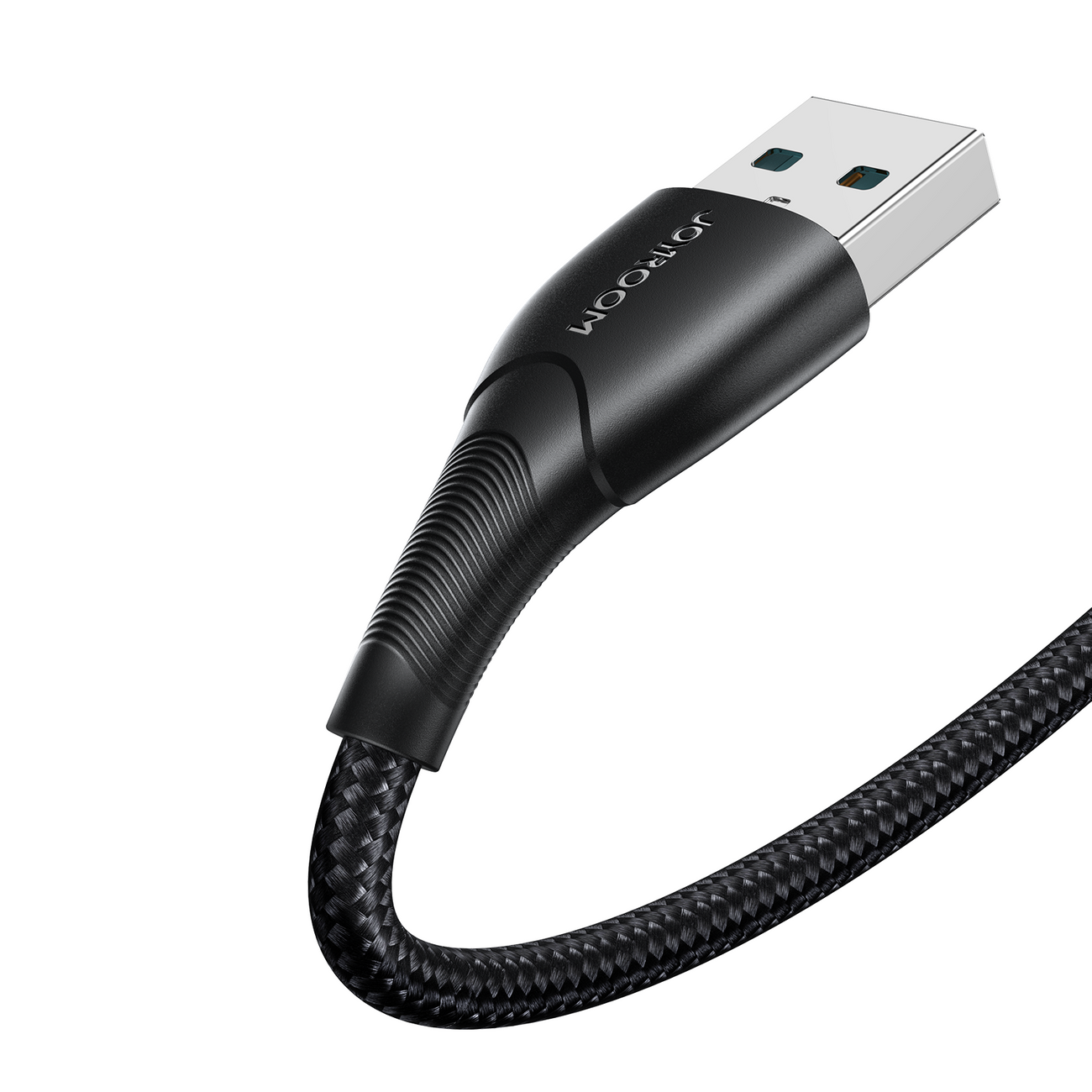 Czarny kabel USB-A z plecionym oplotem i metalową końcówką. Na obudowie wtyczki widoczny jest napis \'JOYROOM\'.