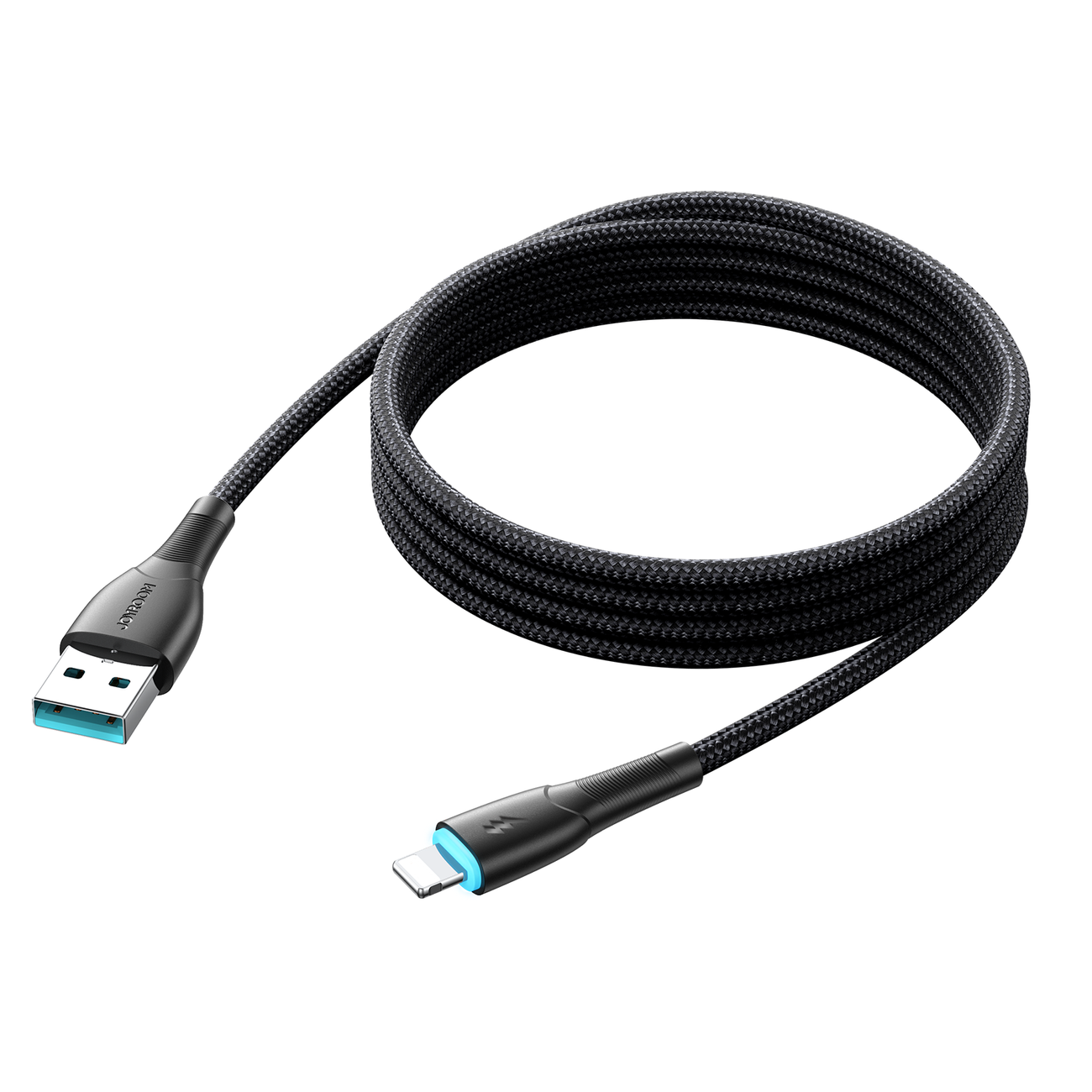 Czarny kabel USB-A do Lightning z plecionym oplotem, przeznaczony do ładowania i transmisji danych. Końcówki kabla są wzmocnione, a jedna z nich ma niebieskie podświetlenie.