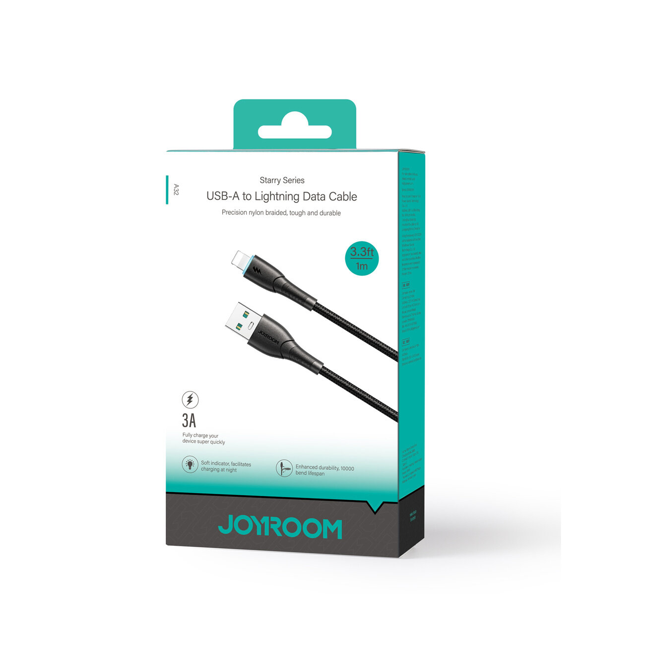 Opakowanie kabla USB-A do Lightning z serii Starry, o długości 1m, z logo JOYROOM. Na opakowaniu widoczne są informacje o wytrzymałości kabla i prądzie 3A.