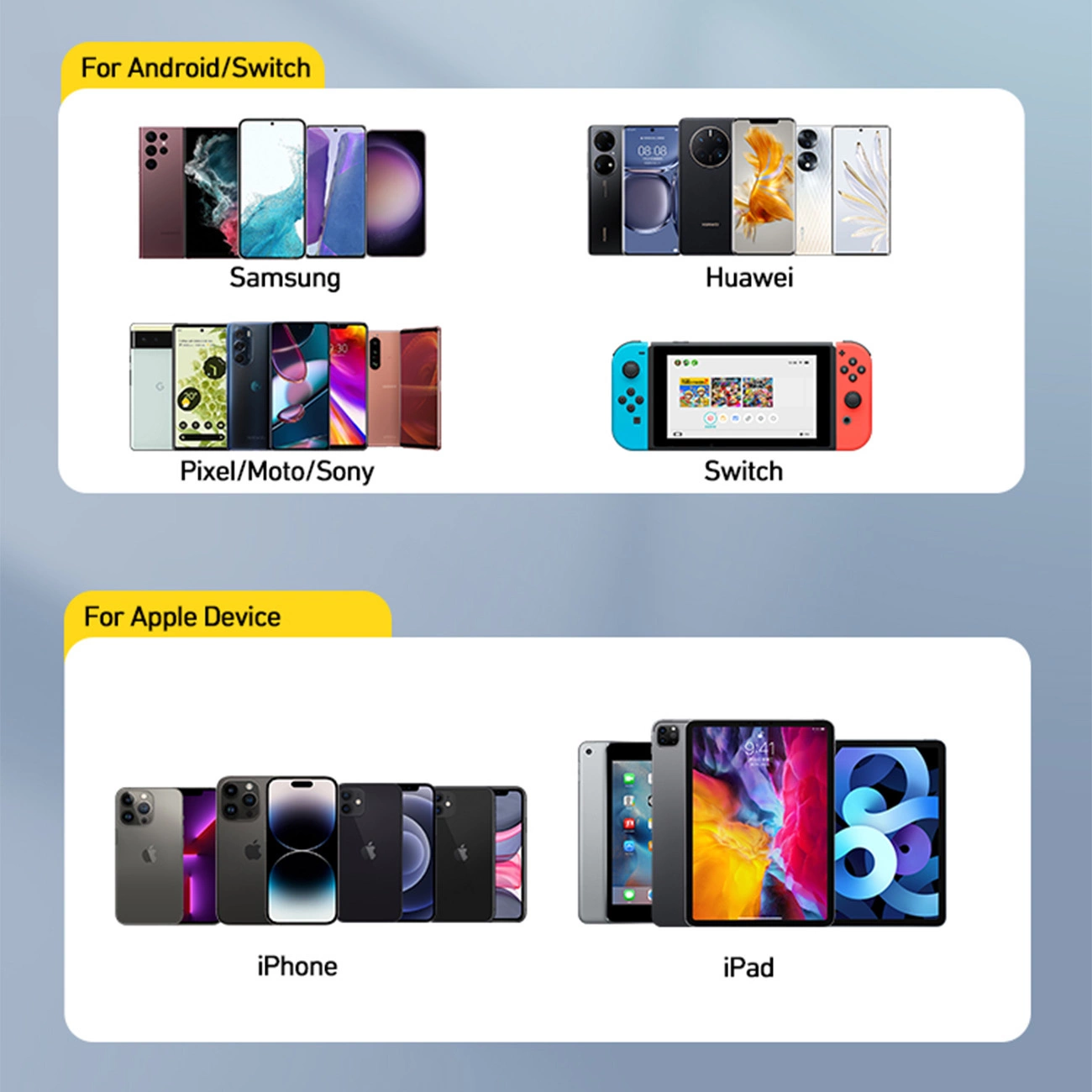 Obraz przedstawia różne urządzenia elektroniczne podzielone na kategorie: \'For Android/Switch\' z markami Samsung, Huawei, Pixel/Moto/Sony oraz Switch, a także \'For Apple Device\' z iPhone i iPad. Każda kategoria zawiera zdjęcia kilku modeli urządzeń.