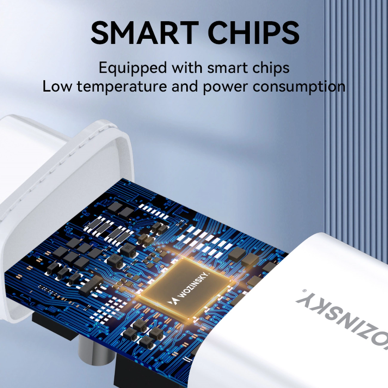 Obraz przedstawia wnętrze ładowarki z widocznym układem scalonym i napisem \'WOZINSKY\'. Tekst na górze obrazu: \'SMART CHIPS Equipped with smart chips Low temperature and power consumption\'.