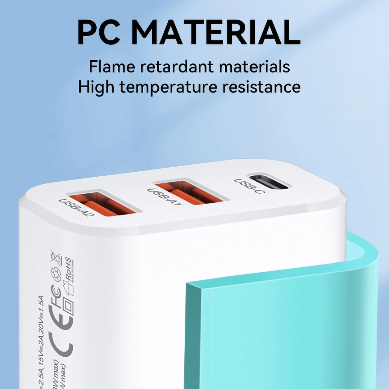 Biała ładowarka z trzema portami: dwoma USB-A i jednym USB-C, z widocznymi oznaczeniami CE i RoHS. Na górze znajduje się tekst: \'PC MATERIAL Flame retardant materials High temperature resistance\'.