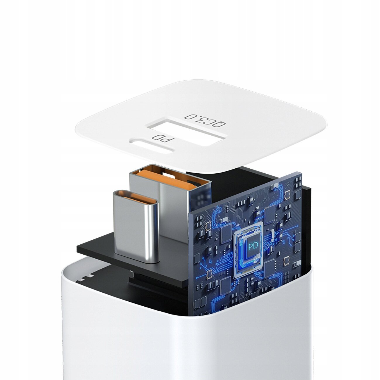 Obraz przedstawia wnętrze ładowarki z widocznymi elementami elektronicznymi i portem USB-C. Na białej pokrywie widoczny jest tekst: \'PD\' oraz \'QC3.0\'.
