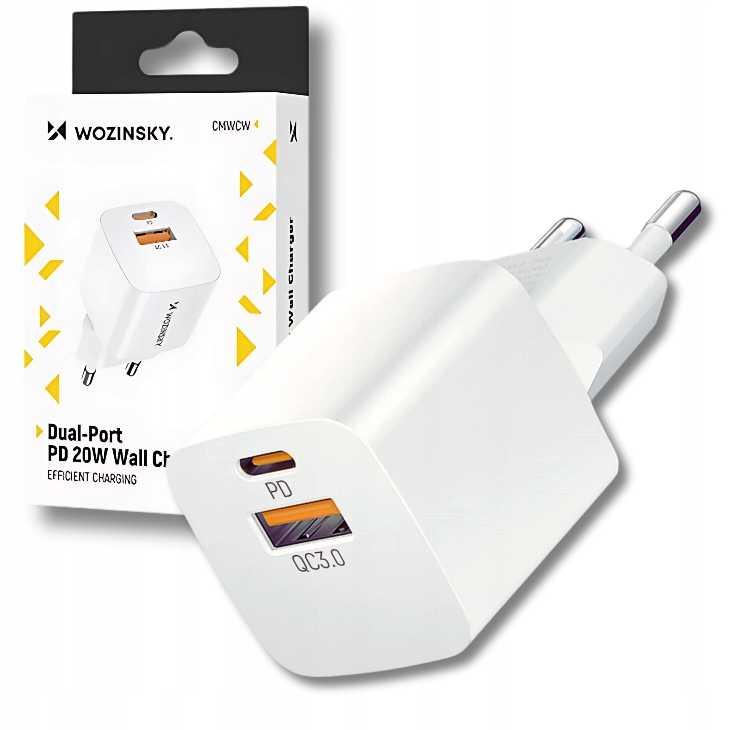 Na obrazie widoczna jest biała ładowarka sieciowa z dwoma portami oznaczonymi jako PD i QC3.0. W tle znajduje się opakowanie z logo \'WOZINSKY\' i napisem \'Dual-Port PD 20W Wall Charger\'.