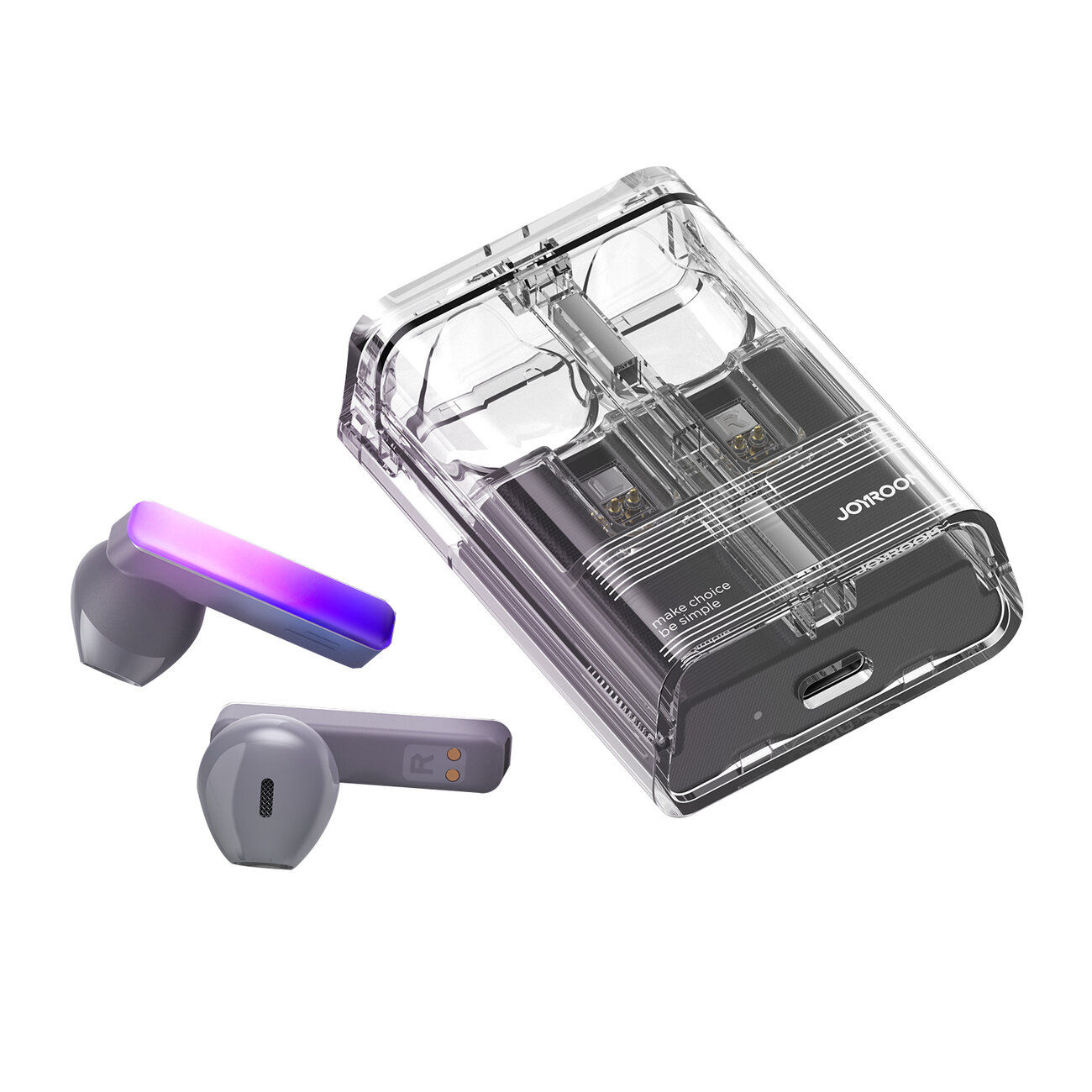 Na obrazie widoczne są bezprzewodowe słuchawki douszne z podświetleniem LED oraz przezroczyste etui ładujące. Na etui znajduje się logo \'JOYROOM\'.