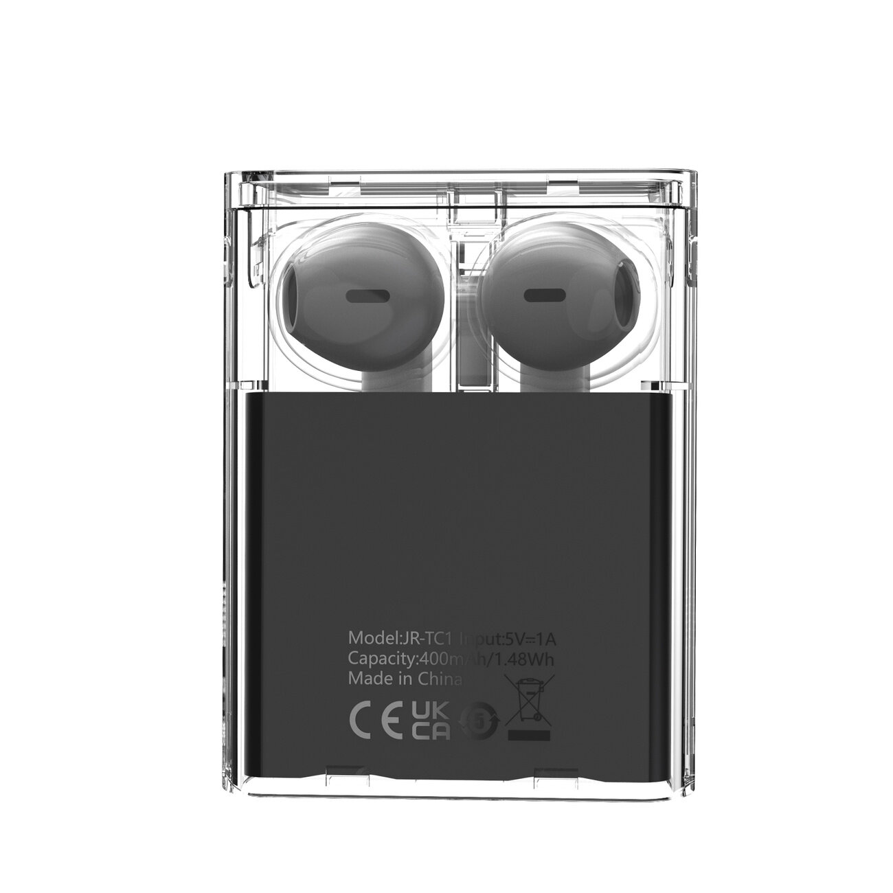 Przezroczyste etui z widocznymi słuchawkami dousznymi w środku. Na etui znajduje się tekst: \'Model: JR-TC1, Input: 5V=1A, Capacity: 400mAh/1.48Wh, Made in China\' oraz symbole CE i UKCA.