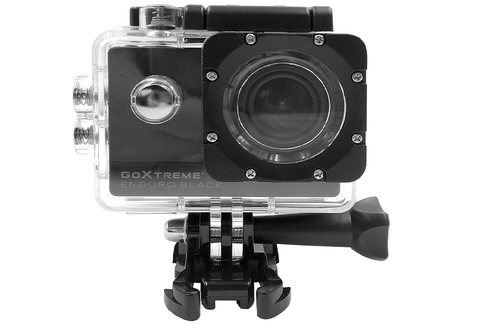 Kamera sportowa w przezroczystej obudowie ochronnej z widocznym obiektywem i napisem \'GoXtreme Enduro Black\'.