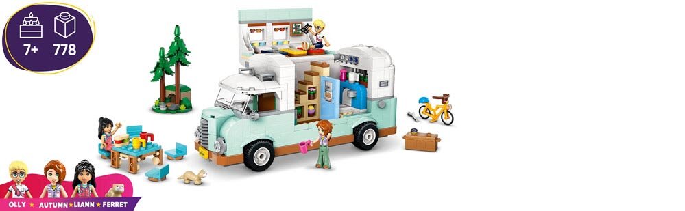 Zestaw LEGO przedstawia kamper z otwartym dachem, wokół którego znajdują się figurki i akcesoria, takie jak stół piknikowy, rower i drzewo. Na górze obrazu widnieje napis \'7+ 778\', a na dole imiona \'OLLY\', \'AUTUMN\', \'LIANN\', \'FERRET\'.