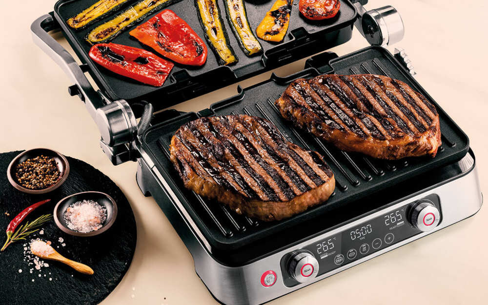 Grill BRAUN MultiGrill 9 Pro CG9140 Czarny Funkcja obsmażania soczyste chrupiące grillowanie temperatura krewetki łosoś steki pierś kotlety wieprzowe