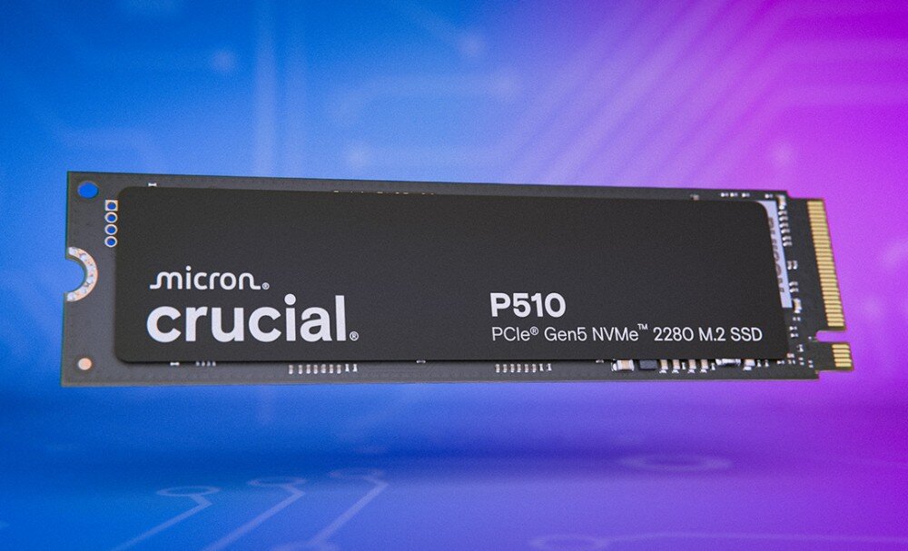 Dysk CRUCIAL P510 Dysk 'crucial P510' na fioletowo-niebieskim tle z podświetleniem w kształcie linii, interfejs, budowa, kompatybilność z PS5