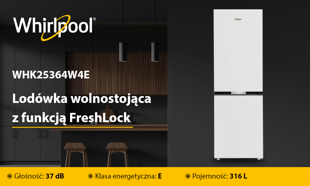 LODÓWKA WHIRLPOOL WHK25364W4E wizualizacja baner top logo marka model front zamknięty kolor biały