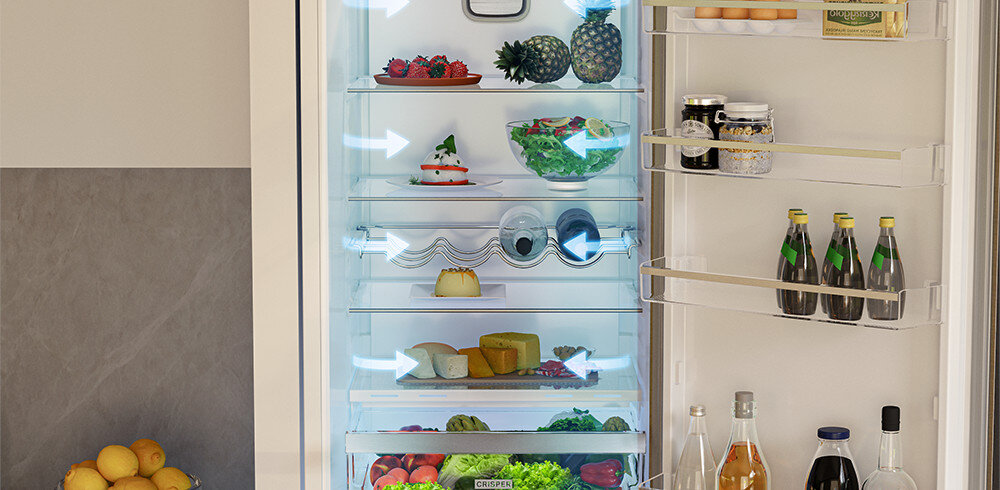 LODÓWKA WHIRLPOOL WHK25364W4E wizualizacja otwarta wnętrze półki produkty warzywa owoce strzałki kierunki powietrza FreshLock delikatny nawiew chłodnego powietrza bez wahań temperatury świeżość wartości odżywcze