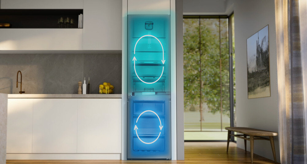 LODÓWKA WHIRLPOOL WHK25364W4E wizualizacja kuchnia zabudowa meble szafki białe dwie części lodówka zamrażarka porównanie dwa kolory zapomnij o rozmrażaniu lodówki Podwójny system chłodzenia ochrona żywności dwa oddzielne obiegi Dual NoFrost