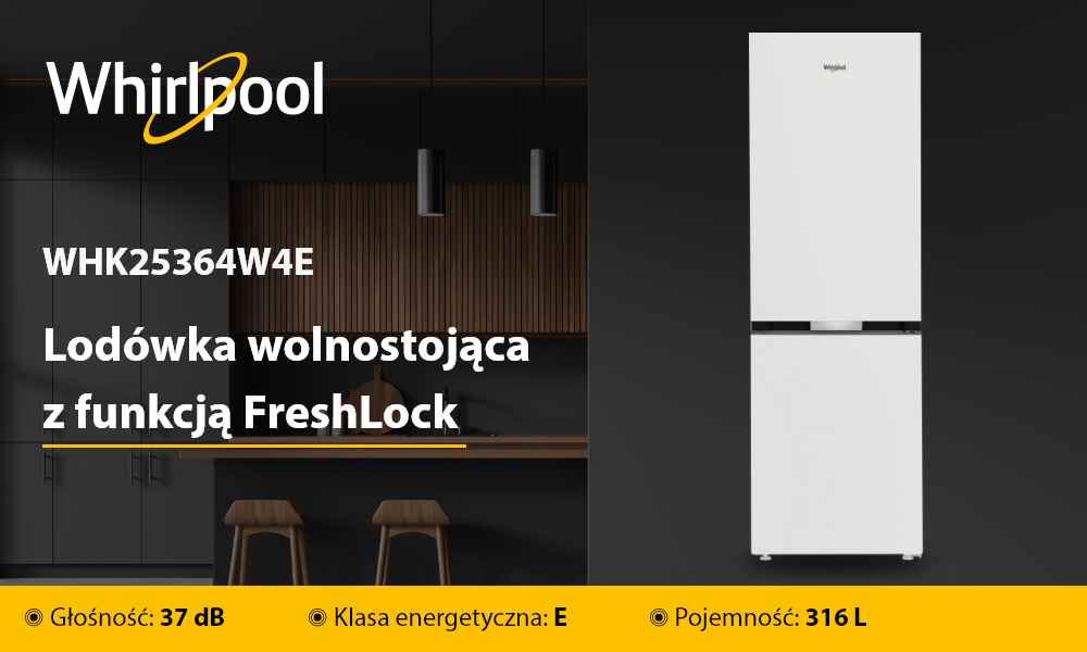 LODÓWKA WHIRLPOOL WHK25364W4E wizualizacja baner top logo marka model front zamknięty kolor biały