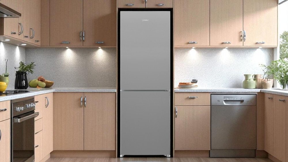 LODÓWKA INDESIT INKS1341S4E wizualizacja lifestyle kuchnia zamknieta front kolor biały cicha energooszczędna klasa E 38 dB wymiary pojemność przestrzeń wnętrze