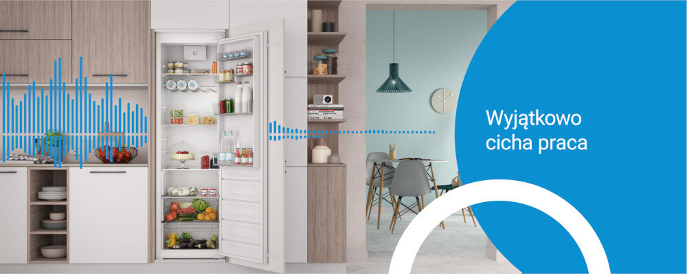 LODÓWKA INDESIT INKS1341S4E wizualizacja lifestyle kuchnia otwarta wnętrze grafika dźwięk Wyjątkowo cicha praca 38 dB nie zakłóca spokoju