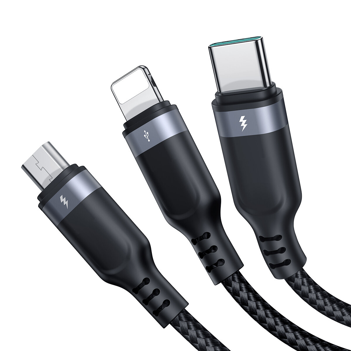 Obraz przedstawia trzy różne końcówki kabla: Micro USB, Lightning i USB-C. Każda końcówka jest czarna z metalicznym wykończeniem i symbolem błyskawicy lub USB.