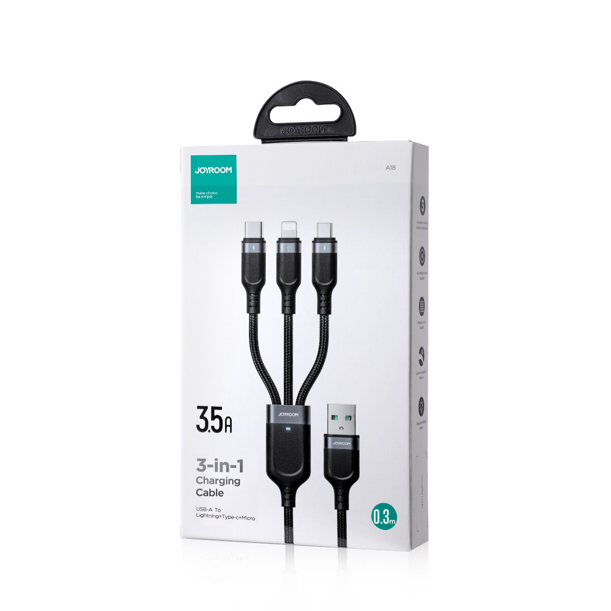 Opakowanie kabla 3-w-1 z końcówkami USB-A, Lightning, USB-C i Micro USB, o długości 0.3 m. Na opakowaniu widnieje napis \'3.5A 3-in-1 Charging Cable\' oraz logo \'JOYROOM\'.