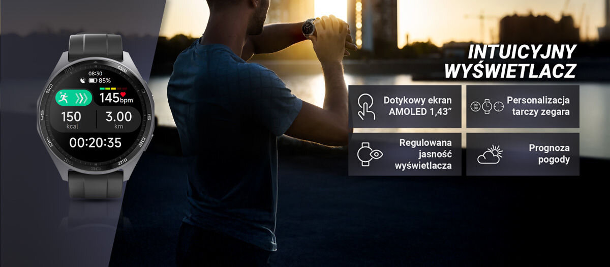 Smartwatch HAMA 7010 GPS Amoled Intuicyjny wyświetlacz dotykowy ekran amoled 1,43 personalizcja tarczy zegarka regulaowana jasność wyświetlacza prognoza pogody