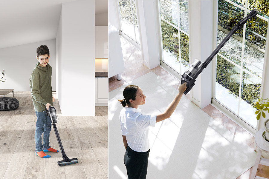 Oddzielne zdjęcia przedstawiające kobietę i chłopca którzy sprzątają odkurzaczem Samsung 