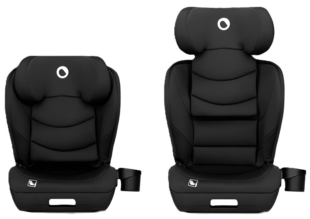 Fotelik samochodowy LIONELO Neal i-Size 100-150 cm (15-36 kg) Czarny fotelik na białym tle widoczny od przodu w dwóch ujęciach ze schowanym i wyciągniętym zagłówkiem do bezpiecznego i wygodnego przewożenia dziecka od 100 do 150 cm wzrostu i o wadze od 15 do 36 kg stabilne podparcie intuicyjne dopasowanie wbudowane systemy ochronne szeroki zakres regulacji