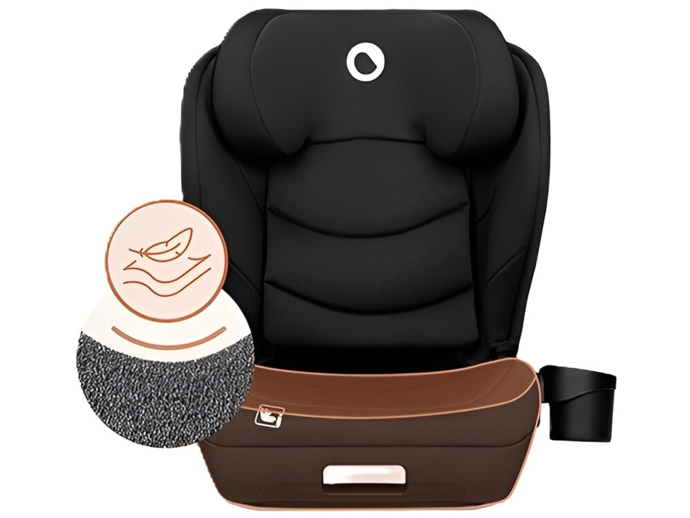Fotelik samochodowy LIONELO Neal i-Size 100-150 cm (15-36 kg) Czarny fotelik na białym tle widoczny od przodu duże siedzisko pokryte miękką pianką EPE stabilne i komfortowe podparcie swobodne ruchy dziecka odpowiednie ukształtowanie szerokość siedziska około 41 cm