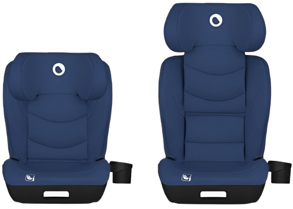 Fotelik samochodowy LIONELO Neal i-Size 100-150 cm (15-36 kg) Niebieski fotelik na białym tle widoczny od przodu w dwóch ujęciach ze schowanym i wyciągniętym zagłówkiem do bezpiecznego i wygodnego przewożenia dziecka od 100 do 150 cm wzrostu i o wadze od 15 do 36 kg stabilne podparcie intuicyjne dopasowanie wbudowane systemy ochronne szeroki zakres regulacji