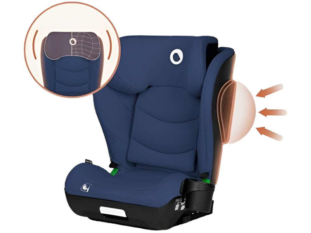 Fotelik samochodowy LIONELO Neal i-Size 100-150 cm (15-36 kg) Niebieski fotelik na białym tle widoczny od przodu pod skosem obok zbliżenie na wzmocniony zagłówek i ochronę boczną spełnia normę ECE R129 i-Size wzmocniony zagłówek dodatkowa ochrona boczna bezpieczeństwo dziecka duża absorpcyjna konstrukcja zagłówka energochłonne materiały redukują przeciążenia