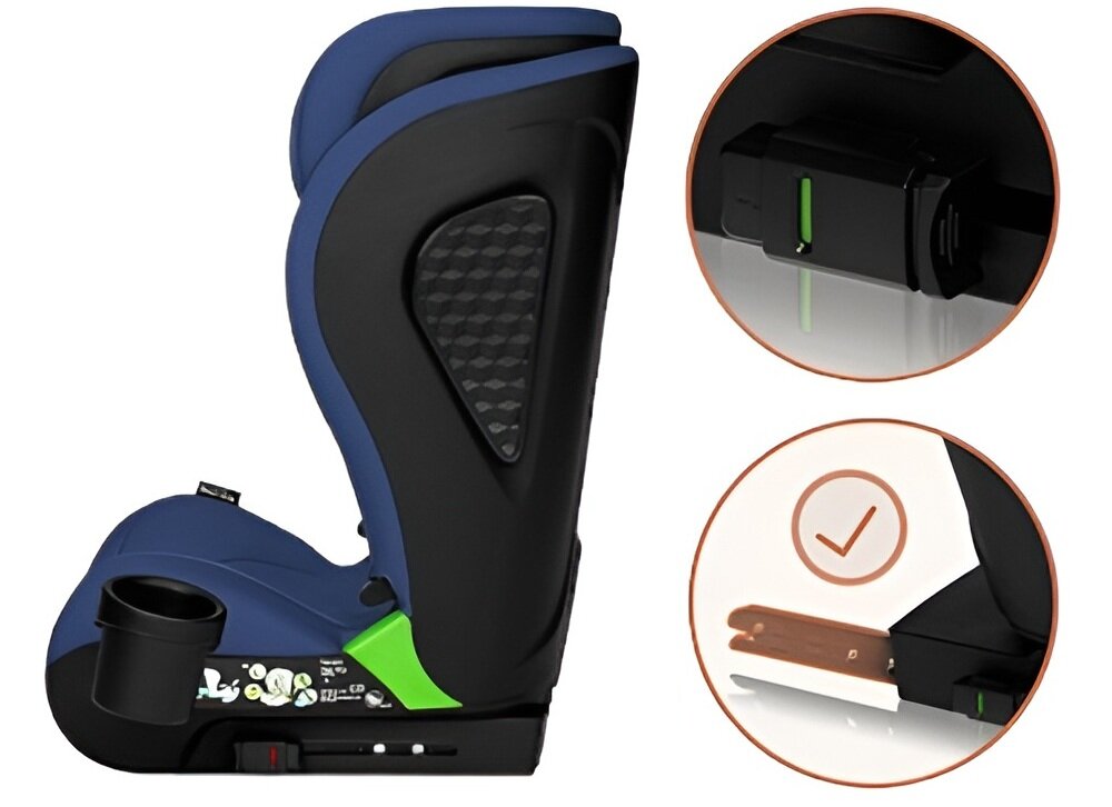 Fotelik samochodowy LIONELO Neal i-Size 100-150 cm (15-36 kg) Niebieski fotelik na białym tle widoczny z boku w kółkach zbliżenie na system ISOFIX przodem do kierunku jazdy montaż za pomocą ISOFIX i Top Tether konieczne jest użycie pasów samochodowych trwałe i stabilne połączenie z pojazdem specjalne oznaczenia zmieniające kolor z czerwonego na zielony potwierdzają poprawne zapięcie