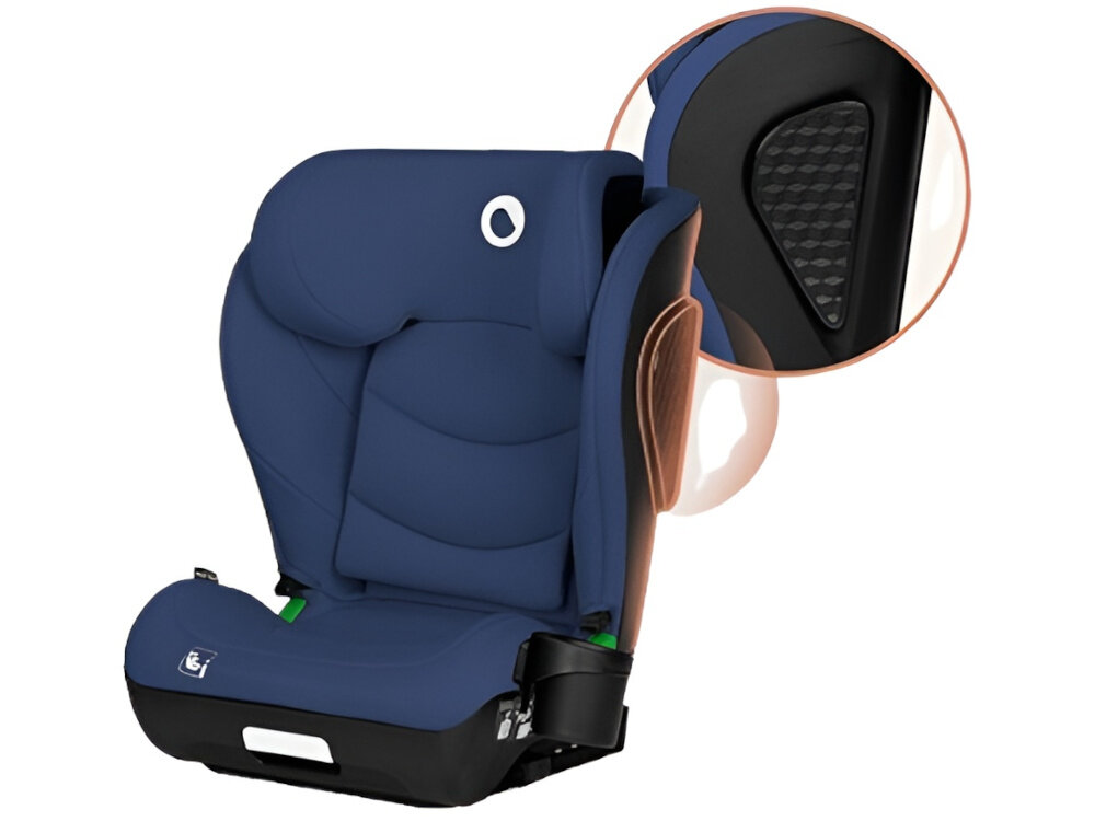 Fotelik samochodowy LIONELO Neal i-Size 100-150 cm (15-36 kg) Niebieski fotelik na białym tle widoczny od przodu pod skosem obok zbliżenie na osłonę boczną z wytrzymałego tworzywa PP pianki EPP skorupa została wzmocniona stalą i aluminium solidna ochrona przy minimalnej wadze (7 kg) energochłonne materiały obszerny zagłówek chronią głowę i tułów dziecka ergonomiczne siedzisko