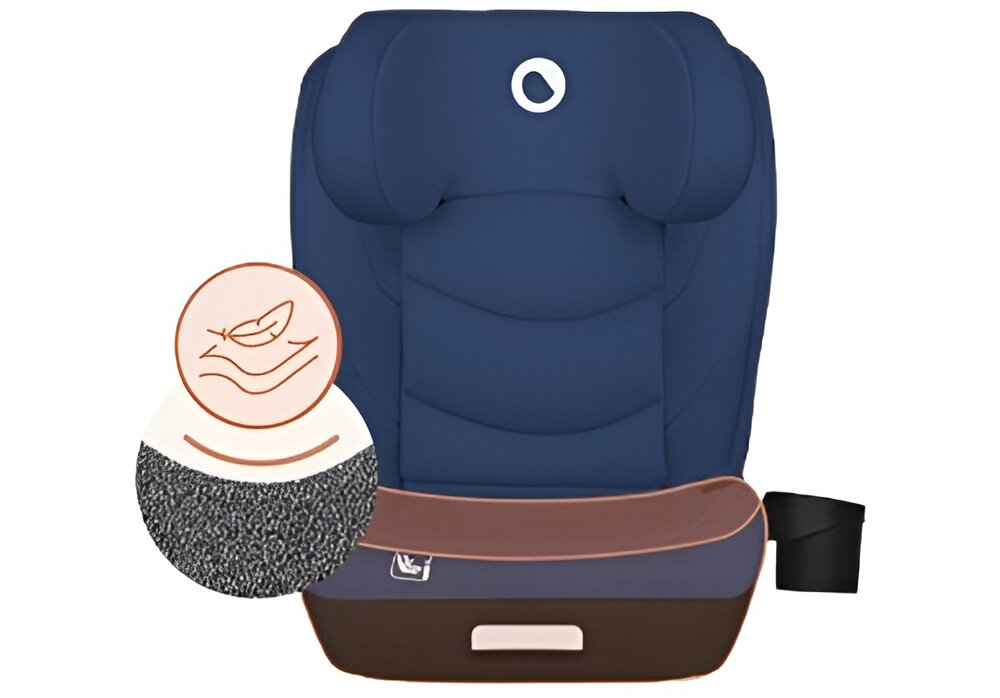 Fotelik samochodowy LIONELO Neal i-Size 100-150 cm (15-36 kg) Niebieski fotelik na białym tle widoczny od przodu duże siedzisko pokryte miękką pianką EPE stabilne i komfortowe podparcie swobodne ruchy dziecka odpowiednie ukształtowanie szerokość siedziska około 41 cm