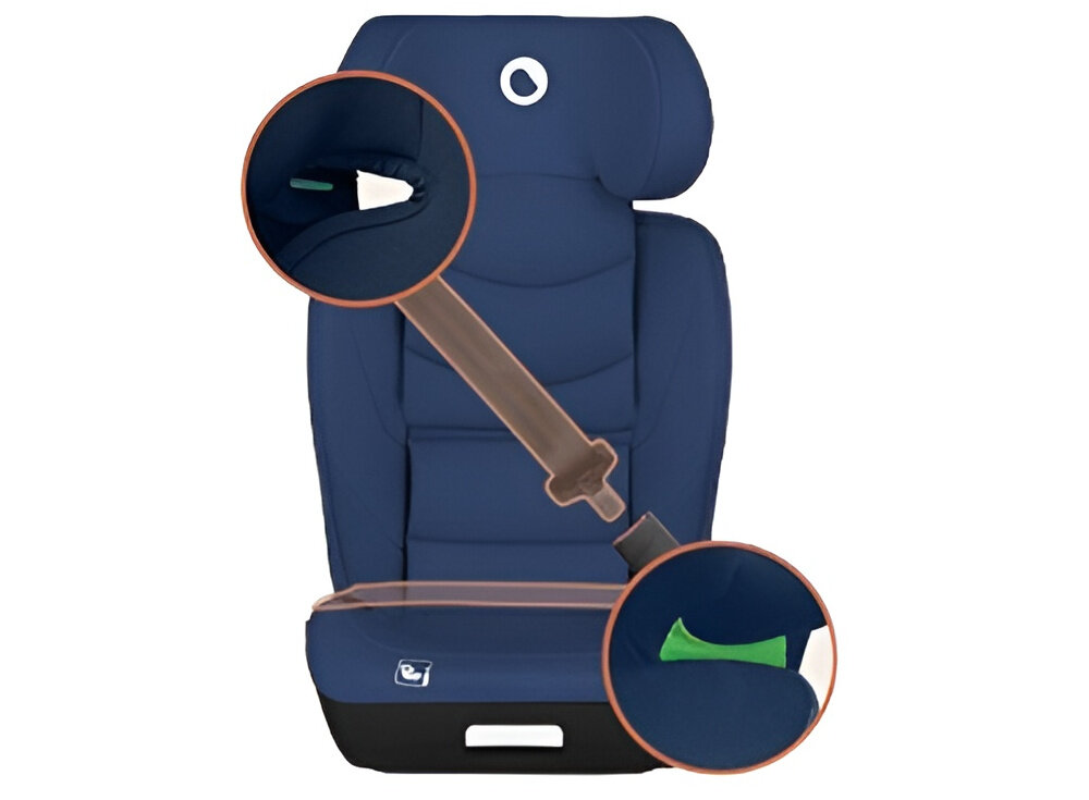 Fotelik samochodowy LIONELO Neal i-Size 100-150 cm (15-36 kg) Niebieski fotelik na białym tle widoczny od przodu zbliżenie w kółkach na prowadnice do pasów bezpieczeństwa nie ma wbudowanych pasów do montażu wykorzystuje się samochodowe pasy bezpieczeństwa z systemem ISOFIX i Top Tether zielone prowadnice pokazują prawidłowy kierunek prowadzenia pasów stabilne i bezpieczne umocowanie fotelika