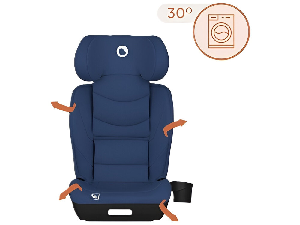 Fotelik samochodowy LIONELO Neal i-Size 100-150 cm (15-36 kg) Niebieski fotelik na białym tle widoczny od przodu strzałki pokazujące kierunek zdejmowania tapicerki ikona pralki napis 30° zdejmowana tapicerka wykonana w 100% z poliestru można odkurzać na co dzień prać w pralce w 30°C łatwe czyszczenie higieniczne środowisko przyjemny wygląd fotelika