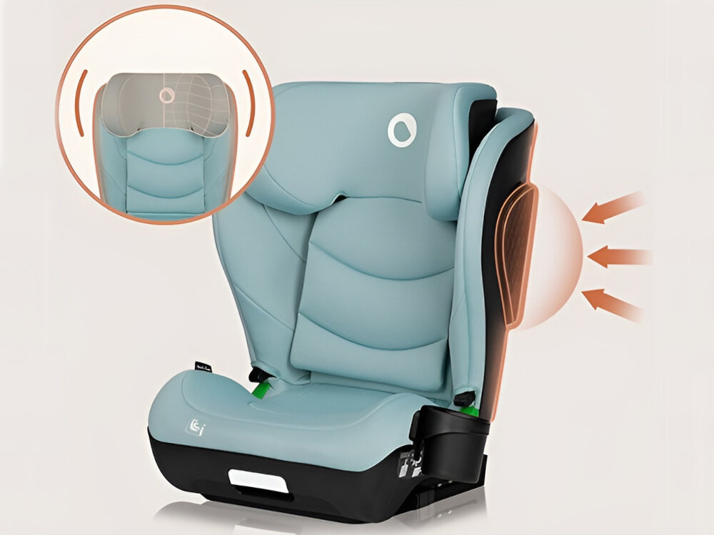 Fotelik samochodowy LIONELO Neal i-Size 100-150 cm (15-36 kg) Turkusowy fotelik na białym tle widoczny od przodu pod skosem obok zbliżenie na wzmocniony zagłówek i ochronę boczną spełnia normę ECE R129 i-Size wzmocniony zagłówek dodatkowa ochrona boczna bezpieczeństwo dziecka duża absorpcyjna konstrukcja zagłówka energochłonne materiały redukują przeciążenia